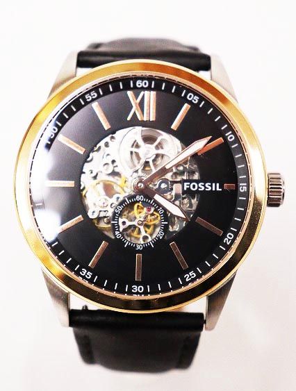 フォッシル FOSSIL TOWNSMAN 48mm オートマティック アンバーレザーウォッチ ブラック【ブランド古着ベクトル】【中古】240205 