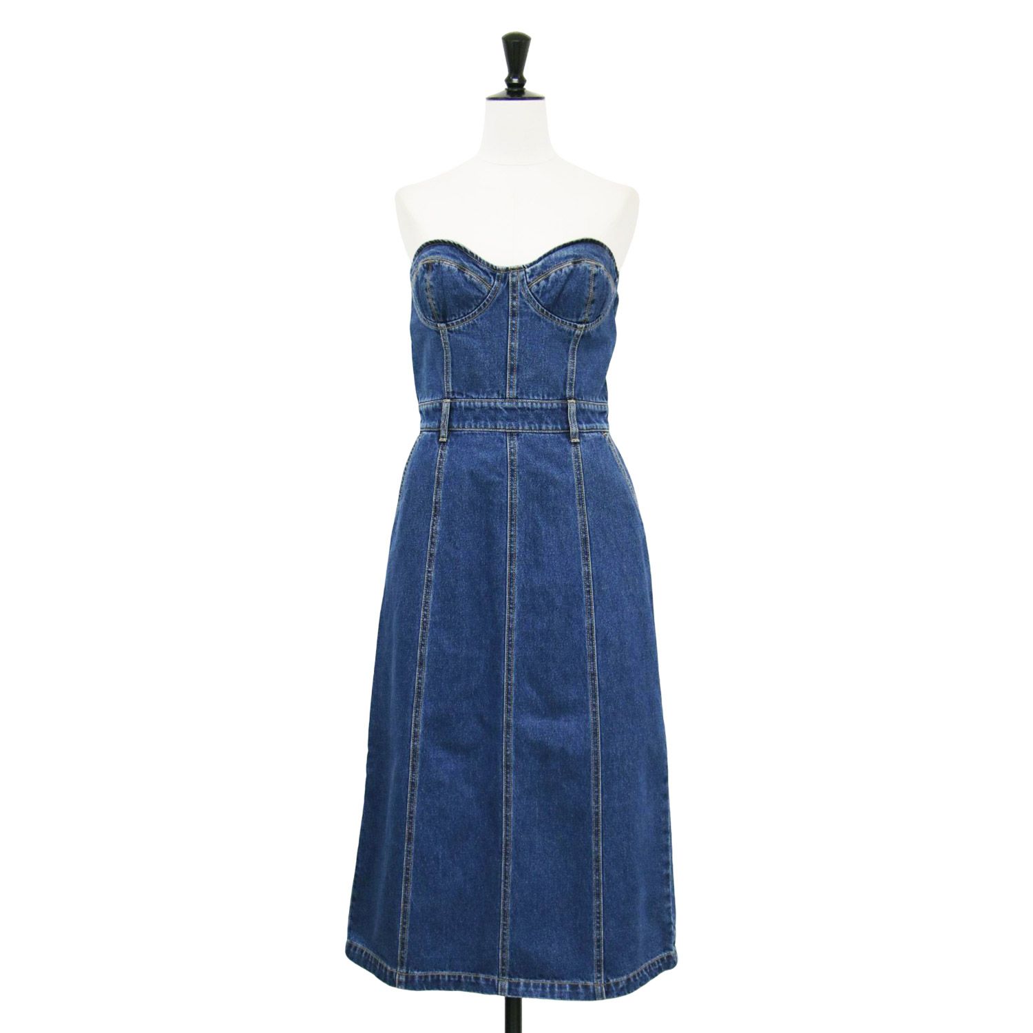 U by SPICK-SPAN ユーバイスピックアンドスパン ワンピース インディゴ サイズ 38 M | 20春夏 デニム ベア ワンピース | ドレス | ビスチェ ミモレ丈 タイト ギャザー コットン | トップス レディース