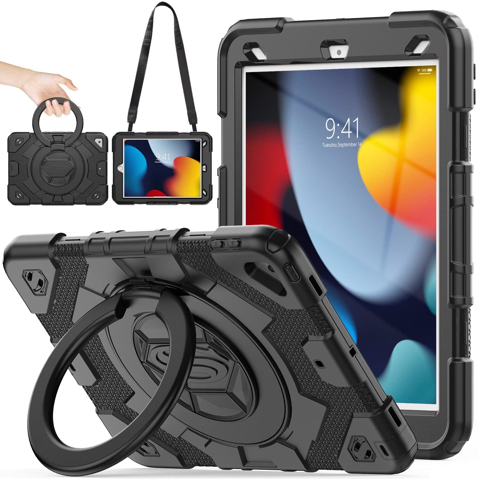 iPadケース 第9|8|7世代 リングハンドル耐衝撃ケース 10.2インチ ペン収納 横置き 縦置き 360°回転リングスタンド ショルダーストラップ フィルム付きフレーム フィルムなしフレーム ブラック ブラック 適格請求書発行事業者