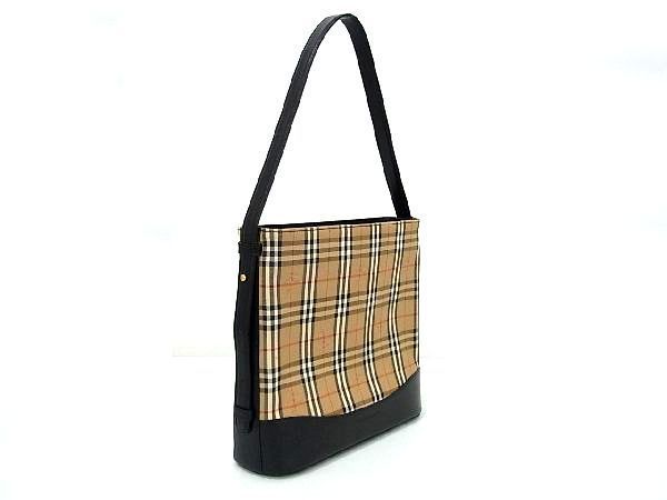 ■極美品■ BURBERRY バーバリー ノバチェック キャンバス×レザー ワンショルダー ハンドバッグ 肩掛け ベージュ系×ブラック系 AR7496