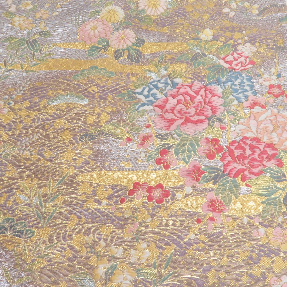 袋帯 流水に牡丹と花文様 正絹 銀色 金糸 六通柄 正絹 フォーマル