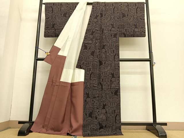 平和屋着物○本場結城玉紬 西洋風景文 結織苑扱い 証紙付き 正絹 逸品  