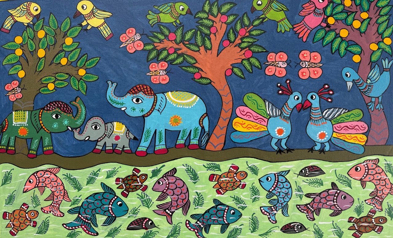 インド　ミティラー画(原画) ミティラー マドゥバニ インド ネパール 象 花 鳥 魚 亀 ミティラー画