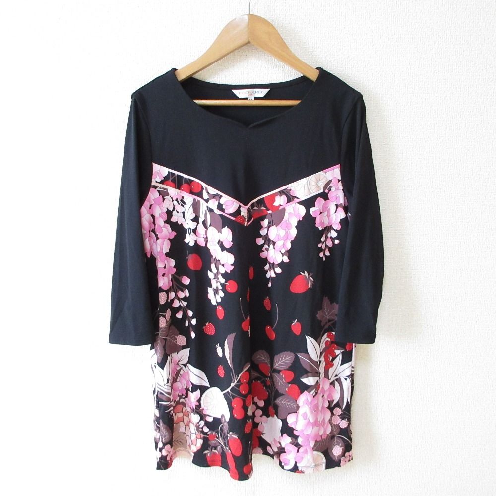 LEONARD SPORTS レオナールスポーツ フルーツ フラワープリント 七分袖 チュニック カットソー 38 ブラック×ピンク レディース 古着