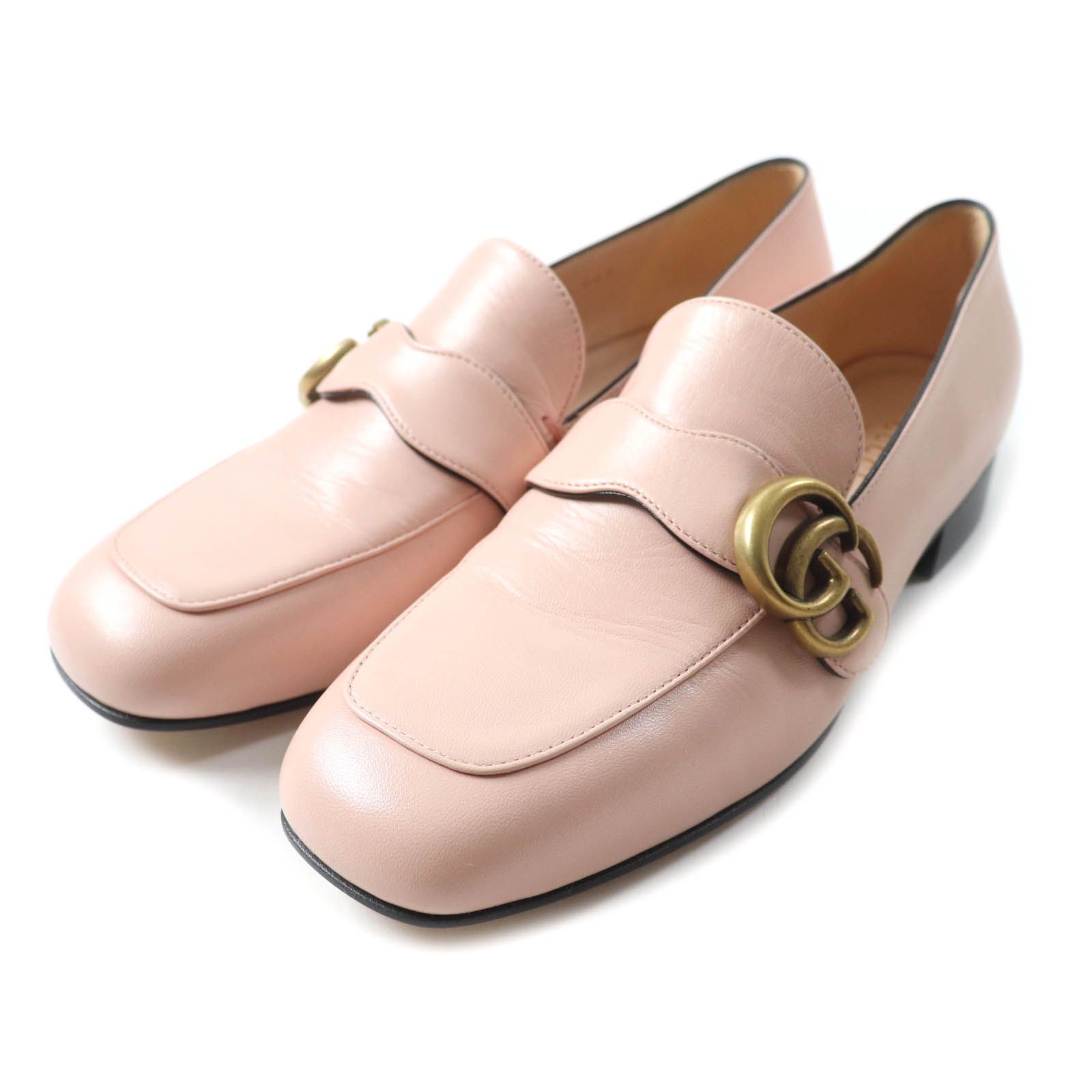 GUCCI グッチ 602496 GGマーモント金具付き スクエアトゥ レザー ローファー ピンク 36.5 イタリア製 レディース