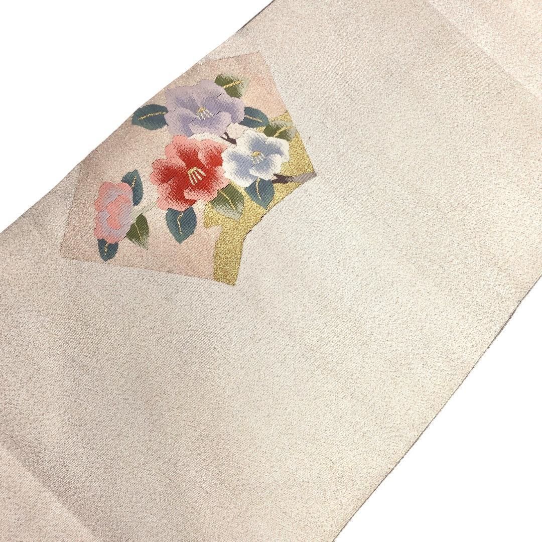 名古屋帯 綴れ 地紙に椿の花模様 ガード加工 生成色 O-5181 名古屋帯 綴れ 地紙に椿の花模様 ガード加工 生成色 O-5181