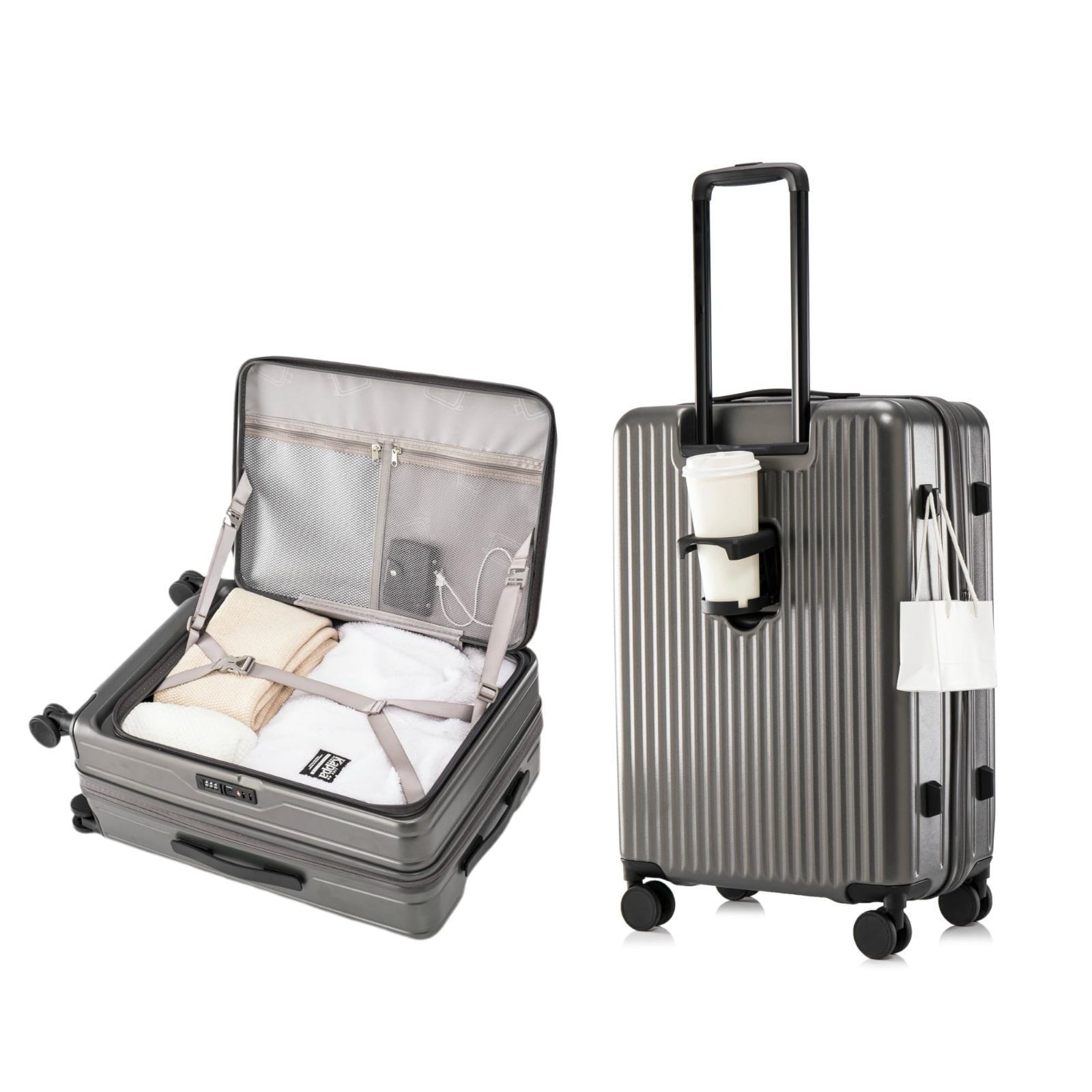 1-3泊 出張 チャコールグレー ビジネス 横開き キャリーバッグ TSAロック 39l~47リットル カップホルダー付き ファスナータイプ 超