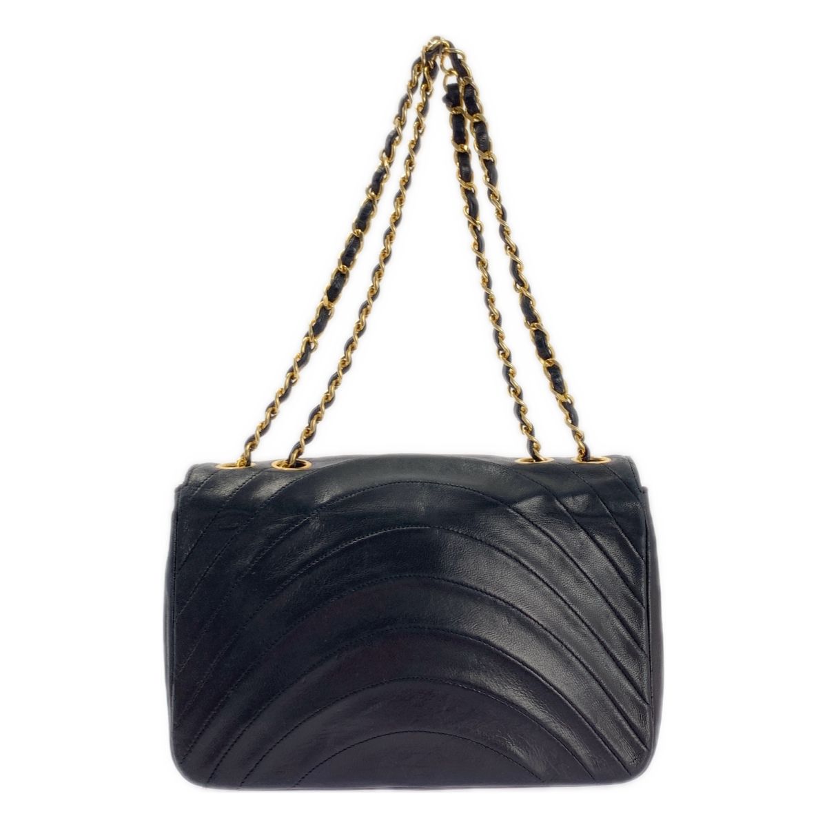 CHANEL シャネル ラムスキン ターンロック ウェーブステッチ チェーン ショルダーバッグ ブラック ゴールド レディース
