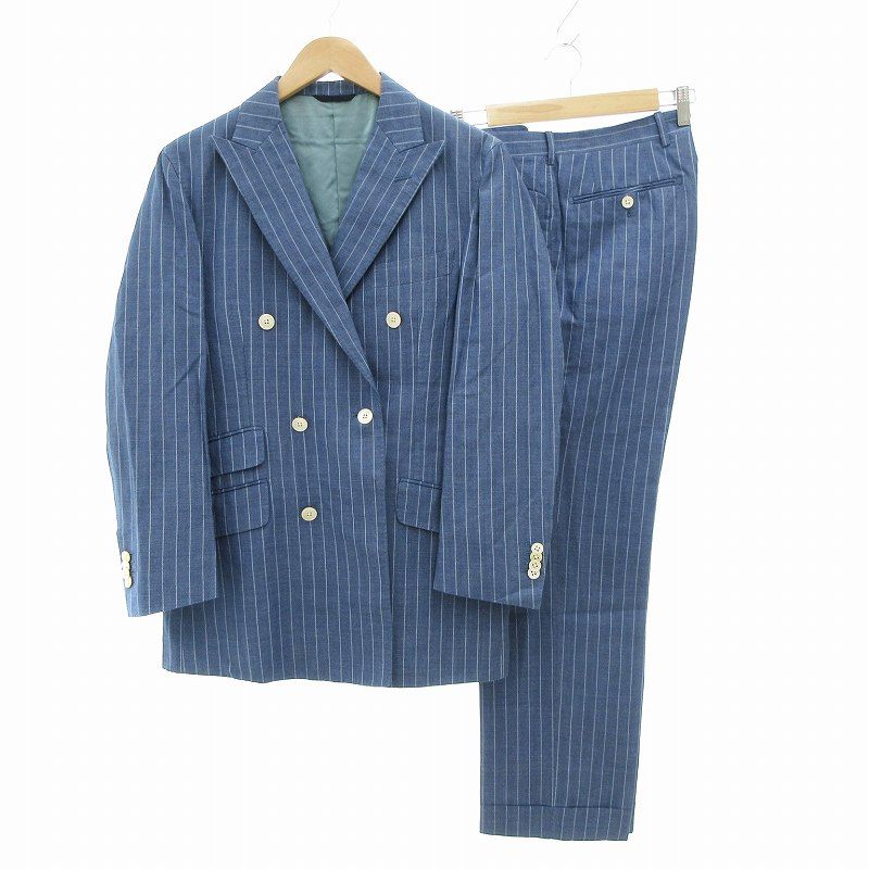 麻布テーラー azabu tailor セットアップ スーツ 上下2点セット ジャケット 総裏地 ダブル 046A パンツ ストライプ 麻 リネン 079 青 ブルー |AE