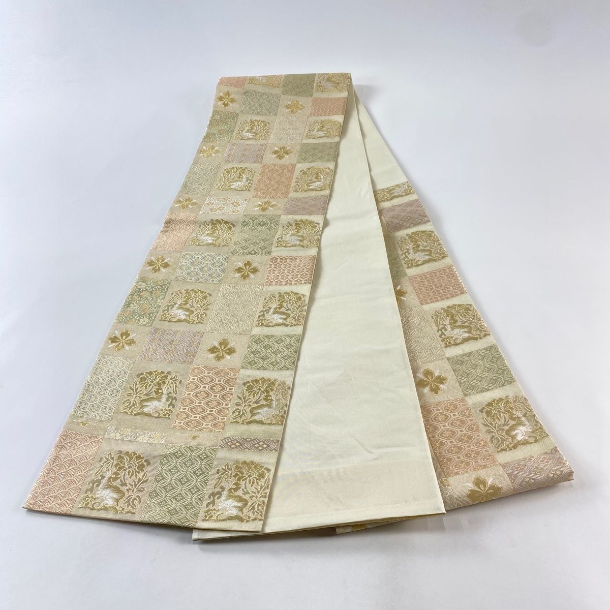 袋帯 名品 夏帯 絽 市松花うさぎ 金糸 箔 ベージュ 六通 正絹 【中古 