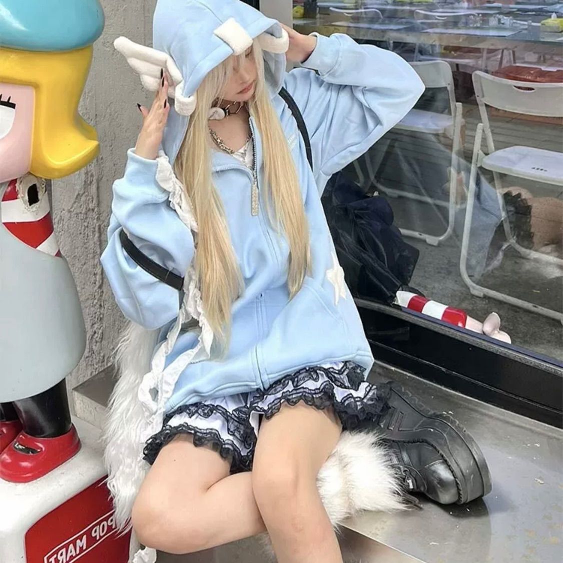 天使の羽フード パーカー 星 サブカル 服 水色界隈 天使界隈 秋