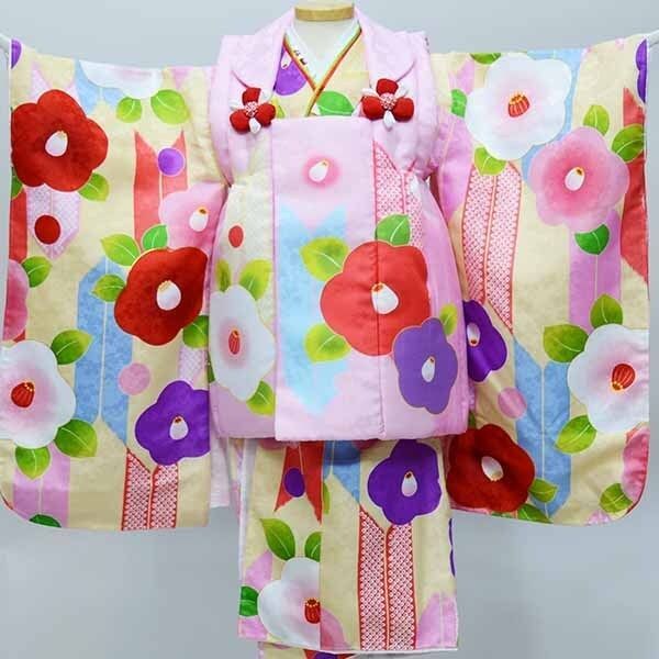七五三 三歳 女児 被布着物フルセット 半衿伊達襟付き 花ひめ 合繊 3歳 3才 三才 かかと止め付き お仕立て無料 NO 36974