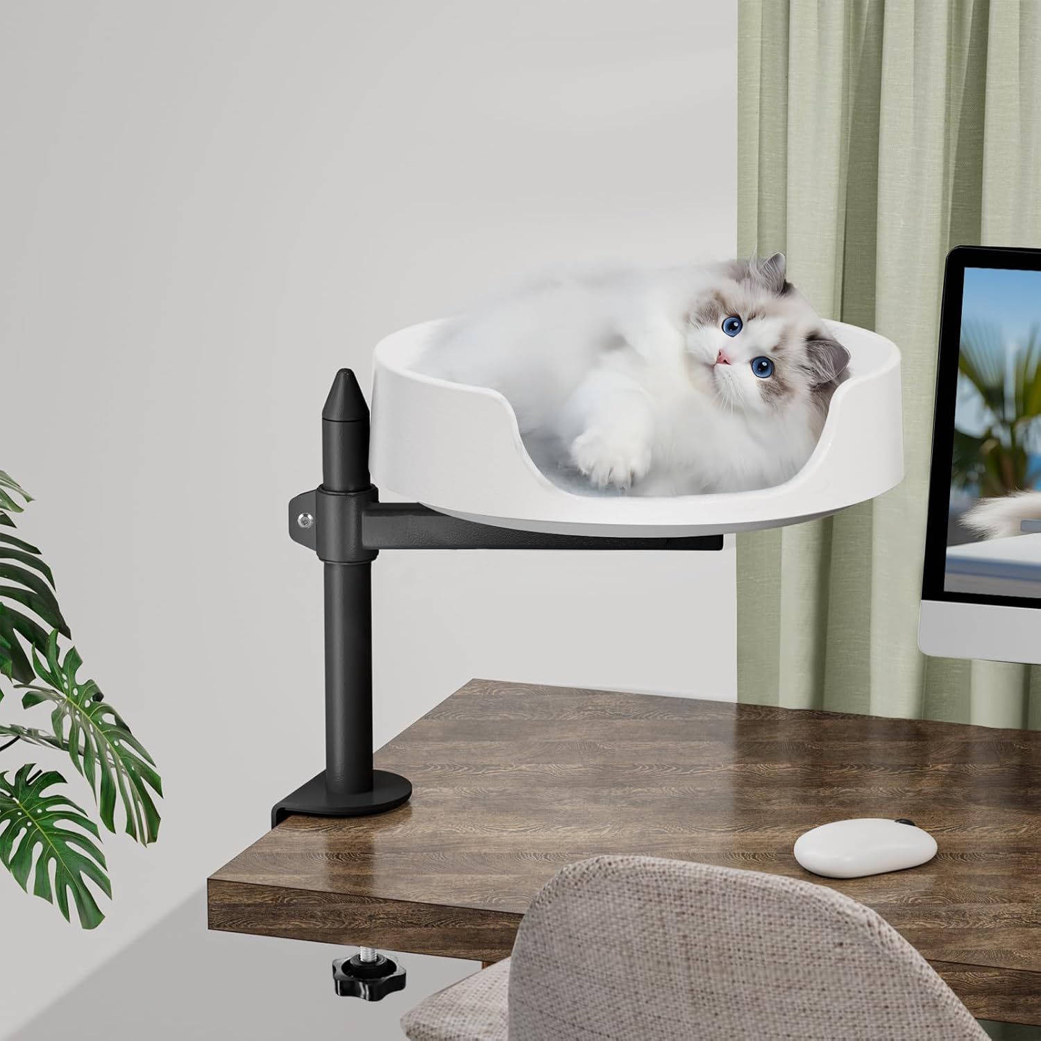 猫用ベッド デスク用 高さのあるキャットハウス オーバーデスク 子猫をそばに 仕事スペースをきれに 猫用ボックス ペットクッション付き (ストレートロッド)