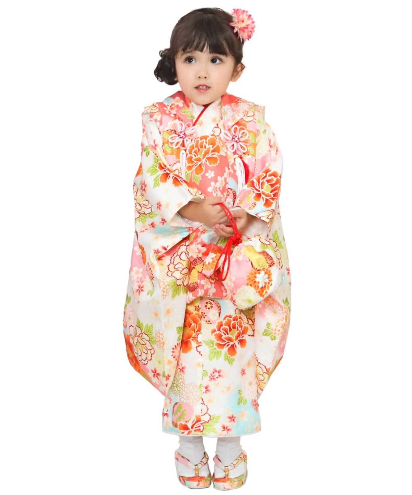 KYOETSU キョウエツ 着物セット 七五三用 3歳用 被布セット 華やかA 9点セット 柄被布 柄着物 伊達衿 長襦袢 髪飾り 巾着 草履 腰紐 足袋 ガールズ 7.幻想花舞