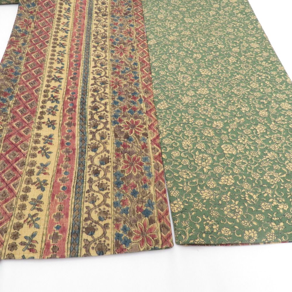 半幅帯 リバーシブル半巾帯 帯締め付き 正絹 巾:約16×長さ:約414cm 小紋×小紋 グリーン系 小花柄 パープル系 横縞更紗調 オリジナル 仕立て上がり 長さ414cm【中古】 【キモノオフ野々市若松店】 半幅帯 リバーシブル半巾帯 帯締め付き 正絹 巾:約16×長さ:約414cm