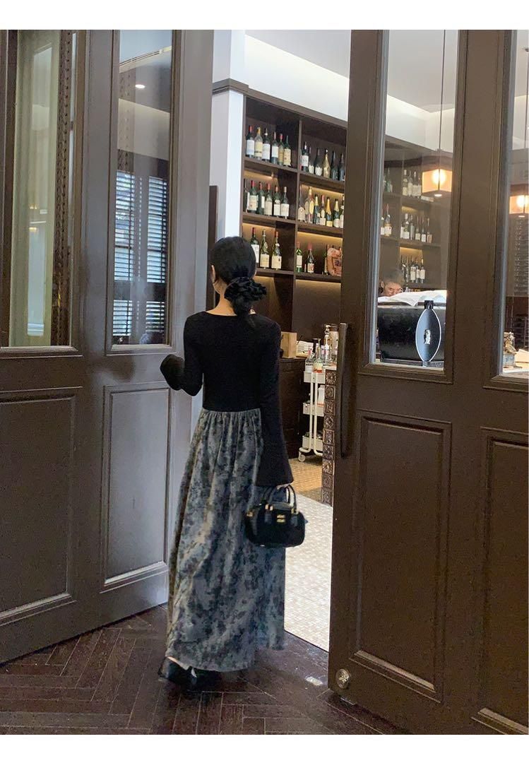 春コーデ 花柄ニットロングワンピース