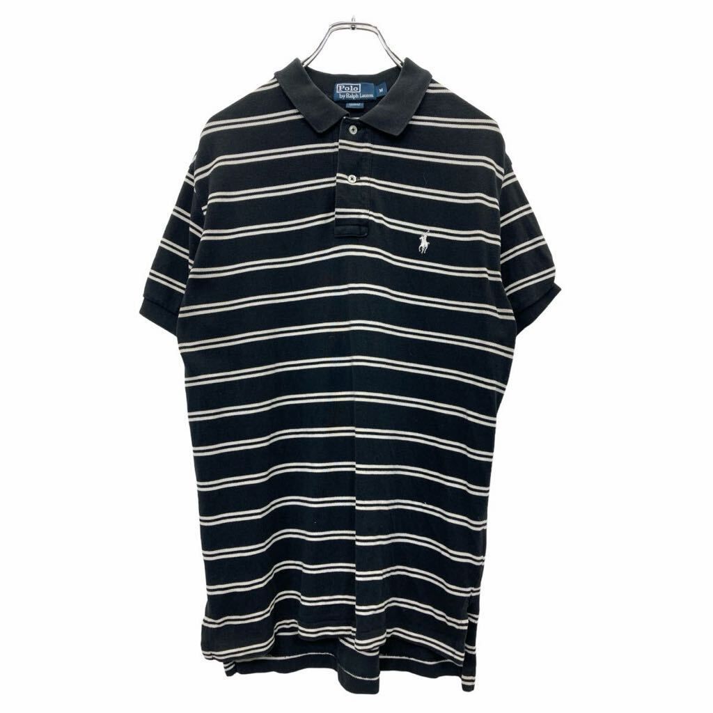 Polo Ralph Lauren 半袖 ポロシャツ M ポロラルフローレン 刺繍 ボーダー ハーフボタン ブラック コットン 古着卸 アメリカ仕入 t2408-3785