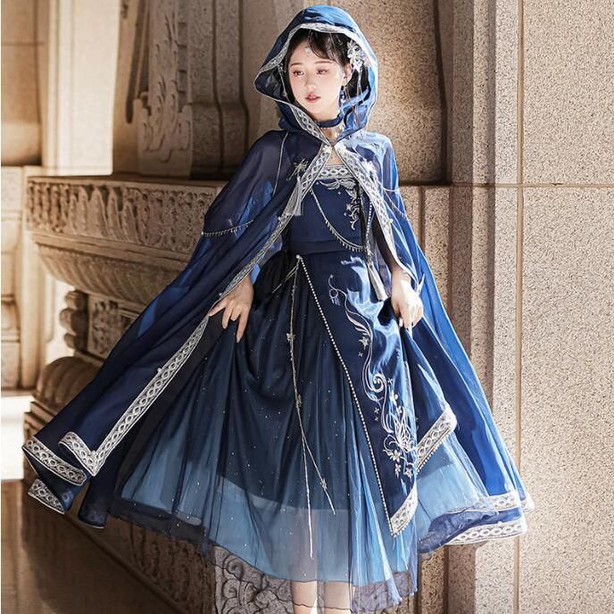 漢服 コスプレ衣裳 キャミソール ロング丈 マント 星空元素 中華風ドレス 漢風 コスプレ衣装 中国古代 変身仮装 コスチューム 改良版漢服