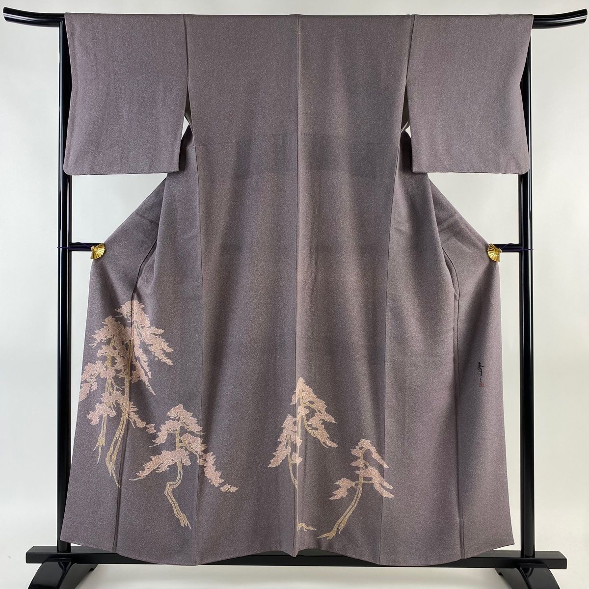 付下げ 身丈157cm 裄丈66cm M 袷 松井青々 落款 樹木 灰紫 正絹 逸品  