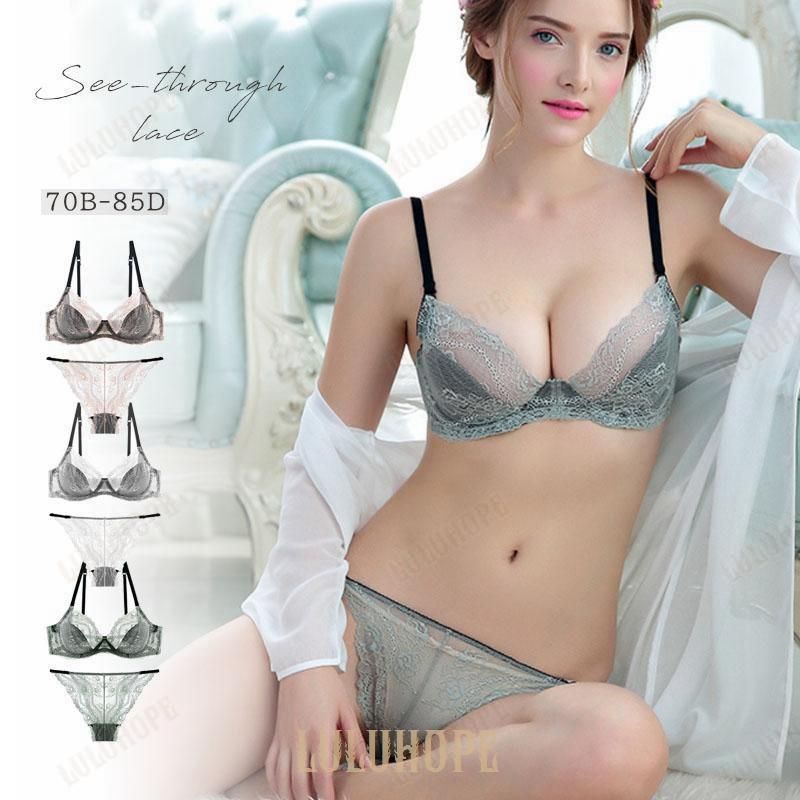 シースルーレースブラショーツセット ブラジャー ショーツ ノンパテ ノンパテット ノンパット 大きいサイズ ワイヤー入り B-Dカップ 70-85 レディース