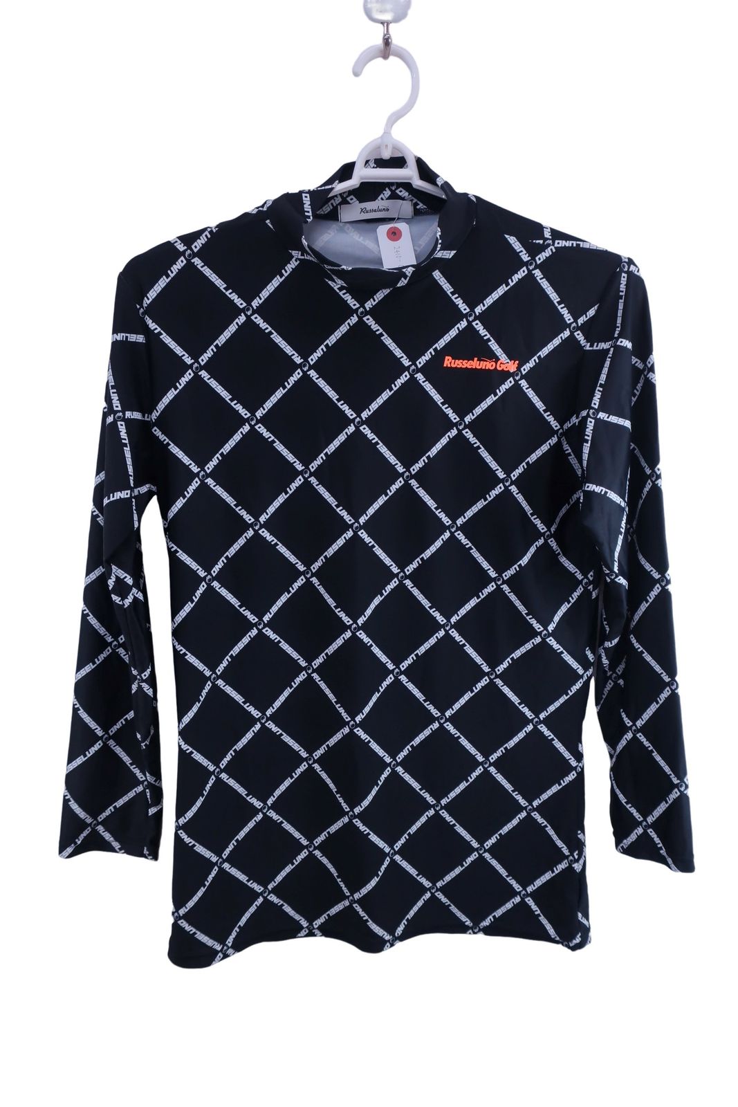 【美品】RUSSELUNO(ラッセルノ) 長袖ハイネックシャツ 黒白ロゴ柄 メンズ 7 RG-2110401 ゴルフ用品 2410-0683 中古