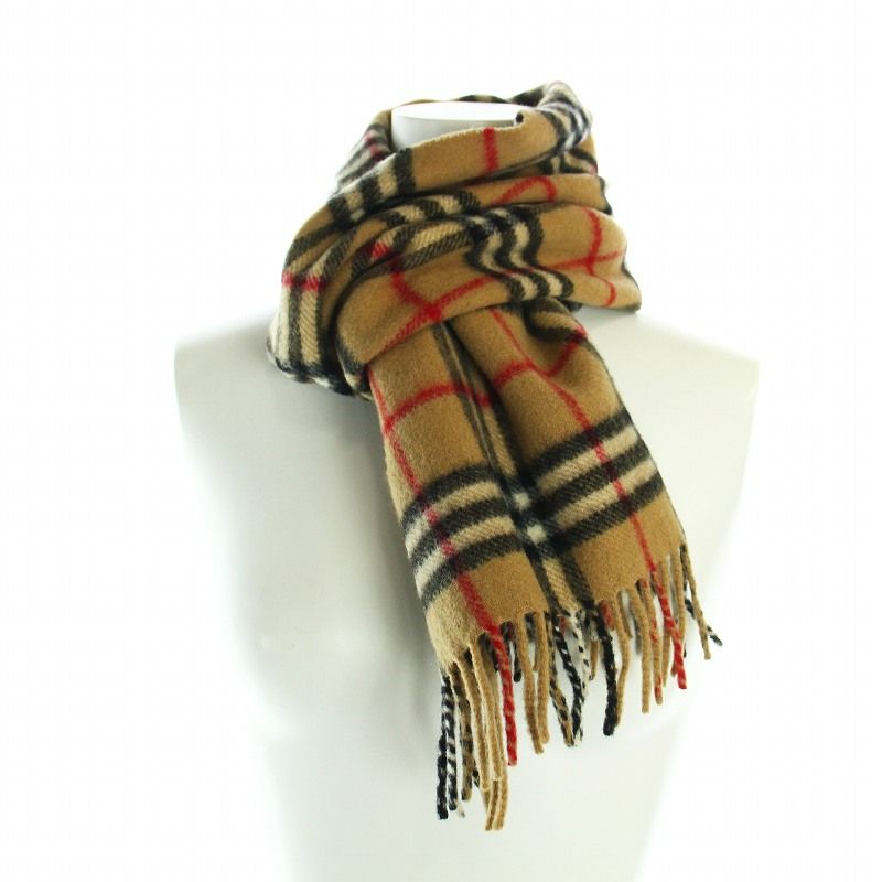 バーバリーズ Burberry's マフラー ウール ベージュ×黒×レッド チェック柄 バーバリーウールマフラー2種類のチェック柄がお洒落♪ (Burberry