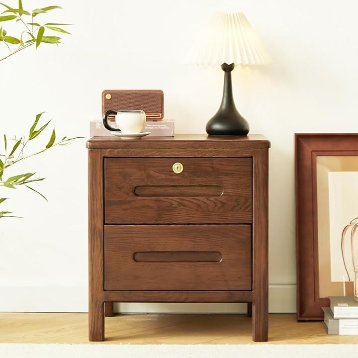 MU RONG ナイトテーブル アメリカオークウッド ベッドサイドテーブル ライトスタンド モダンなインテリア 鍵付き 木製 無垢材 完成品 ソファスタンドエンド ランプテーブル クルミ 鍵付き 幅45cmx奥37cmx高さ49cm