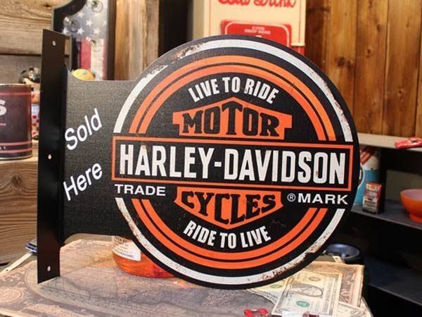 【HARLEY DAVIDSON ラウンド フランジ サイン 看板 】メタル ブリキ 垂直 壁面 店舗 ハーレーダビッドソン