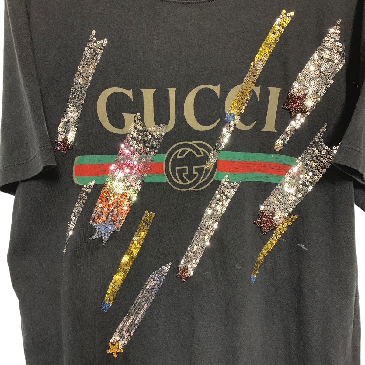 中古】 GUCCI グッチ カットソー スパンコール ロゴ Tシャツ 492347 