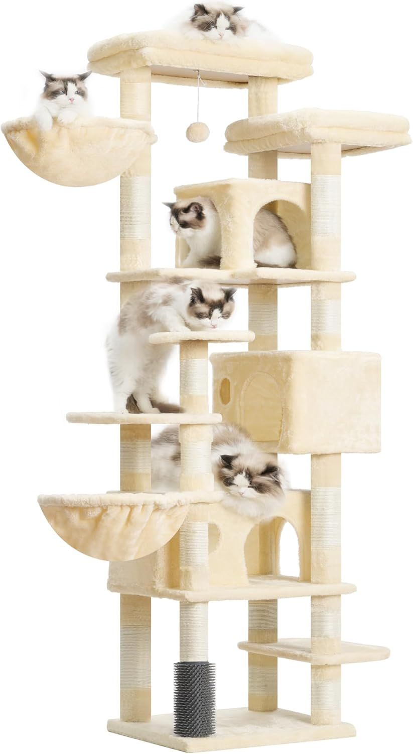 Hey-brother キャットタワー スリム 省スペース 据え置き型 猫タワー おしゃれ 登りやすい 2つの大型観察プラットホーム 3つのキャットハウス 2つのハンモック 毛磨き器付き 高さ188 cm 大型猫や多頭飼いに適しています ベージュ