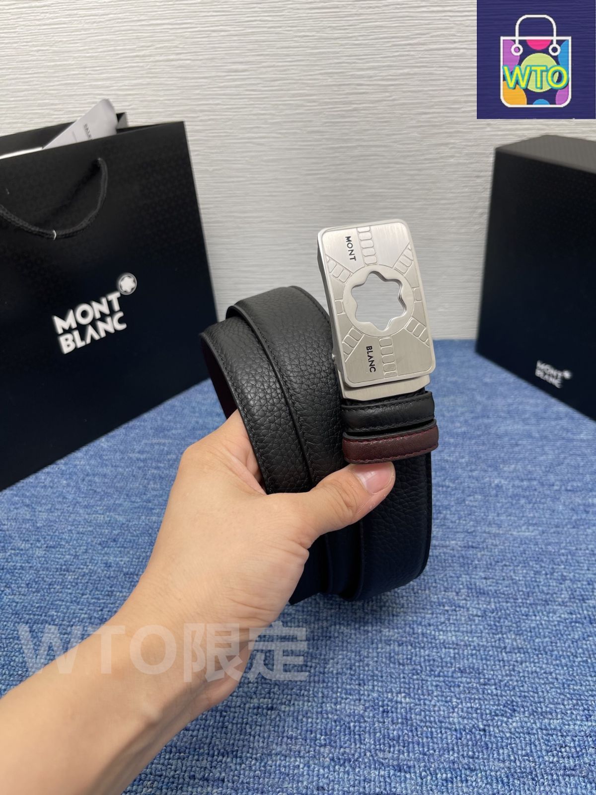 MONT BLANC レザーベルト　牛革35mm 新品未使用品　最値下げ★ Mバックル ブラック/オレンジ リバーシブルレザーベルト、35mm