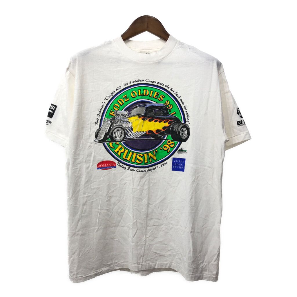 90年代 ONEITA オニータ KODZ OLDIES 99.1 レーシング 半袖Ｔシャツ シングルステッチ ホワイト (メンズ LARGE) 中古 古着 Q5639