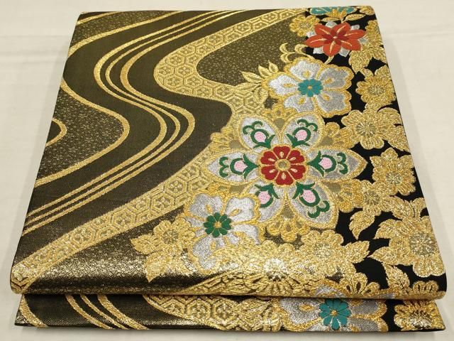 平和屋着物▽振袖用六通柄袋帯 流水草花文 黒地 金銀糸 鈴乃屋
