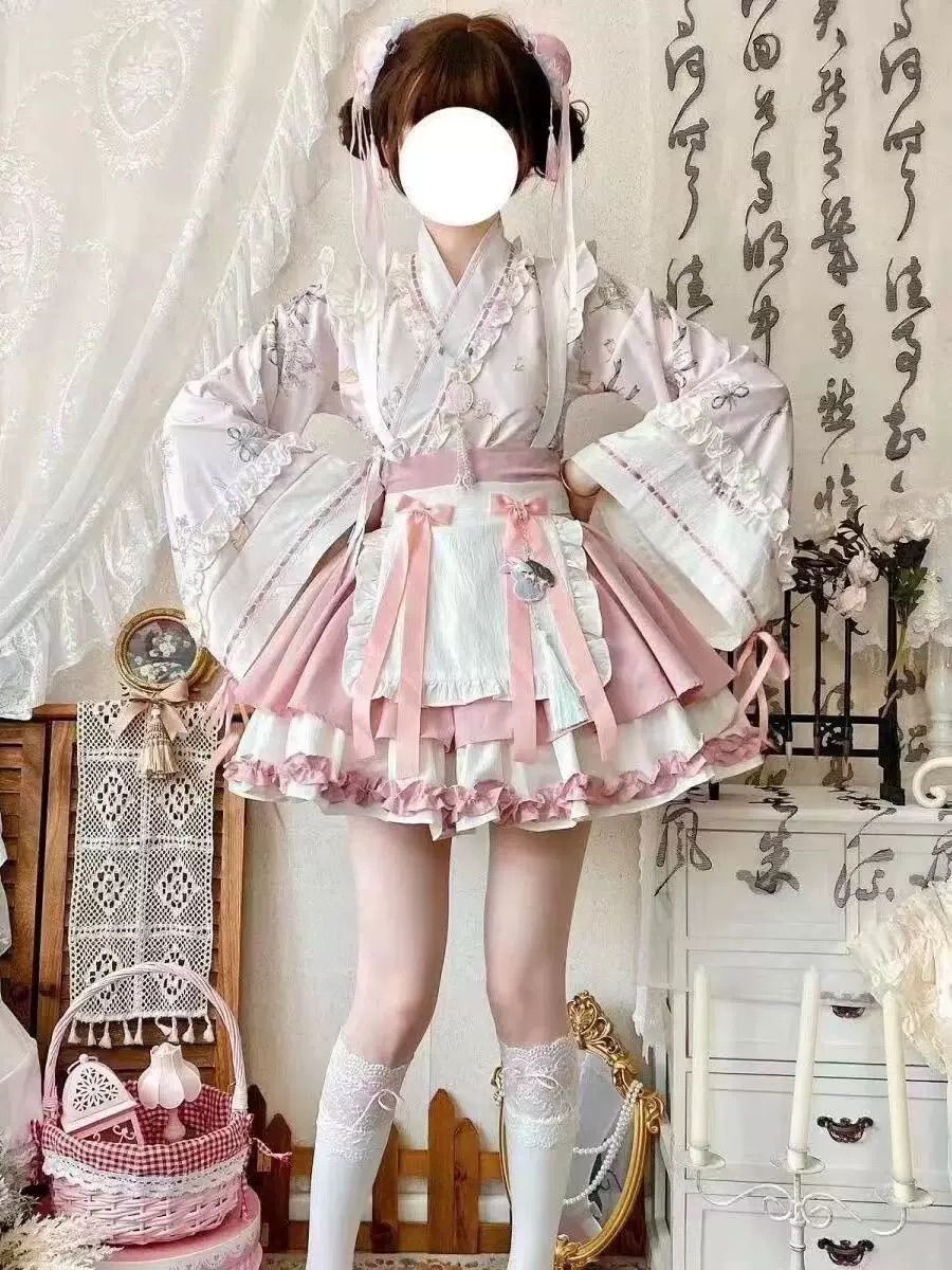 和風 ピンク ロリータ ドレス トランペット袖 姫袖 華ロリ サブカル 服 ガーリー系 ロリィタ バンギャ ハロウィン 衣装 仮装 パーティー 量産型 コスプレ ワンピース リボン デコラ 渋谷 原宿 カフェ 衣装