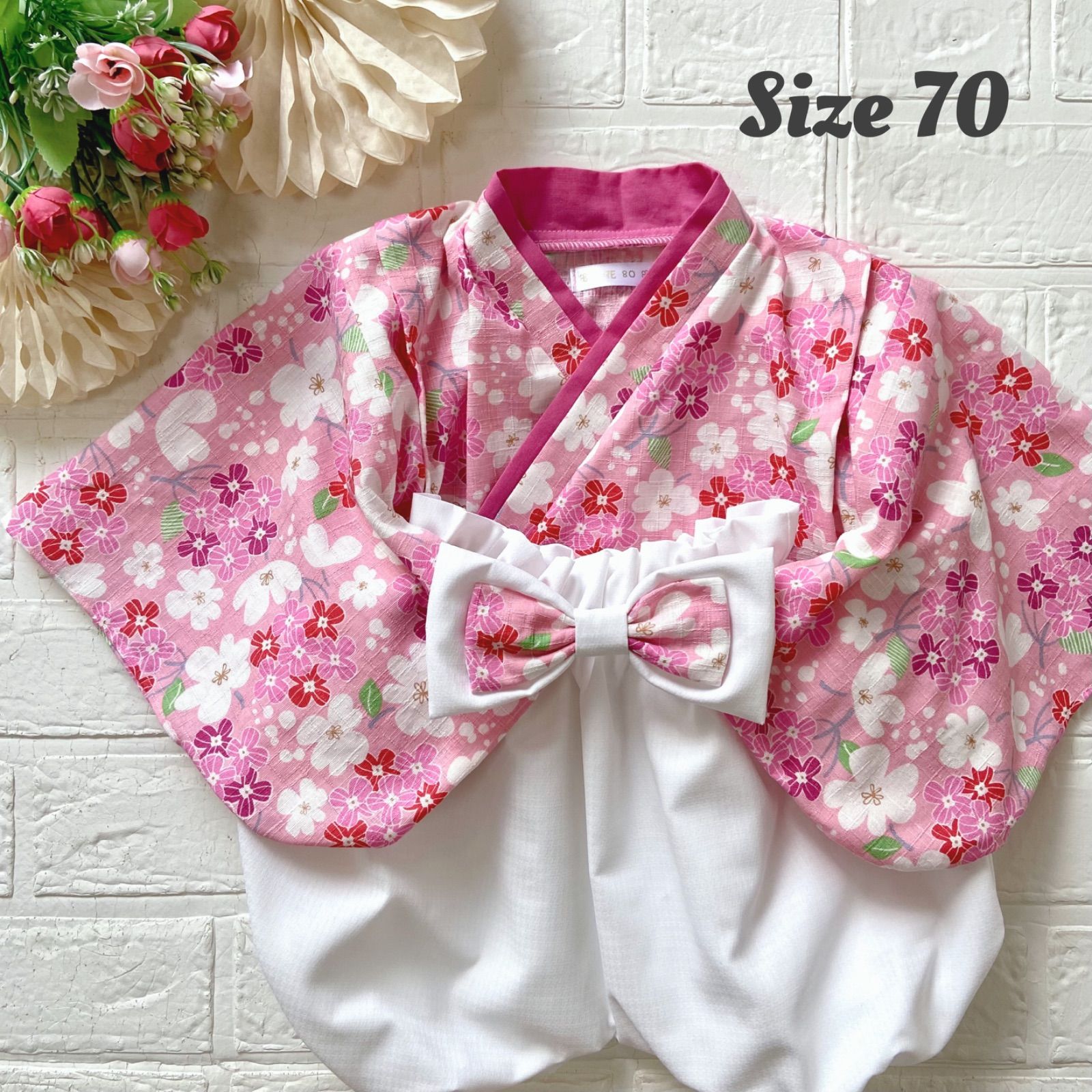 ベビー袴 70サイズ ピンク花柄×ホワイト ハンドメイド - メルカリ
