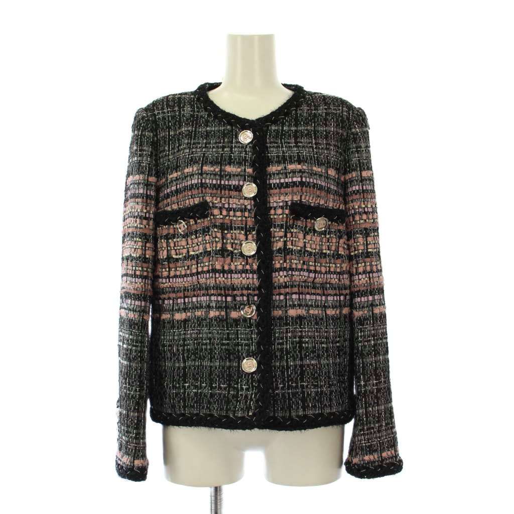 シャネル CHANEL uniform ノーカラージャケット アウター ショート丈 ツイード ココボタン ココマーク ウール シルク 36 黒 ブラック ピンク |BB