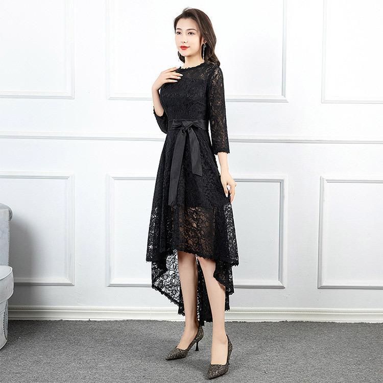 結婚式 ワンピース パーティードレス 黒 レースドレス レース
