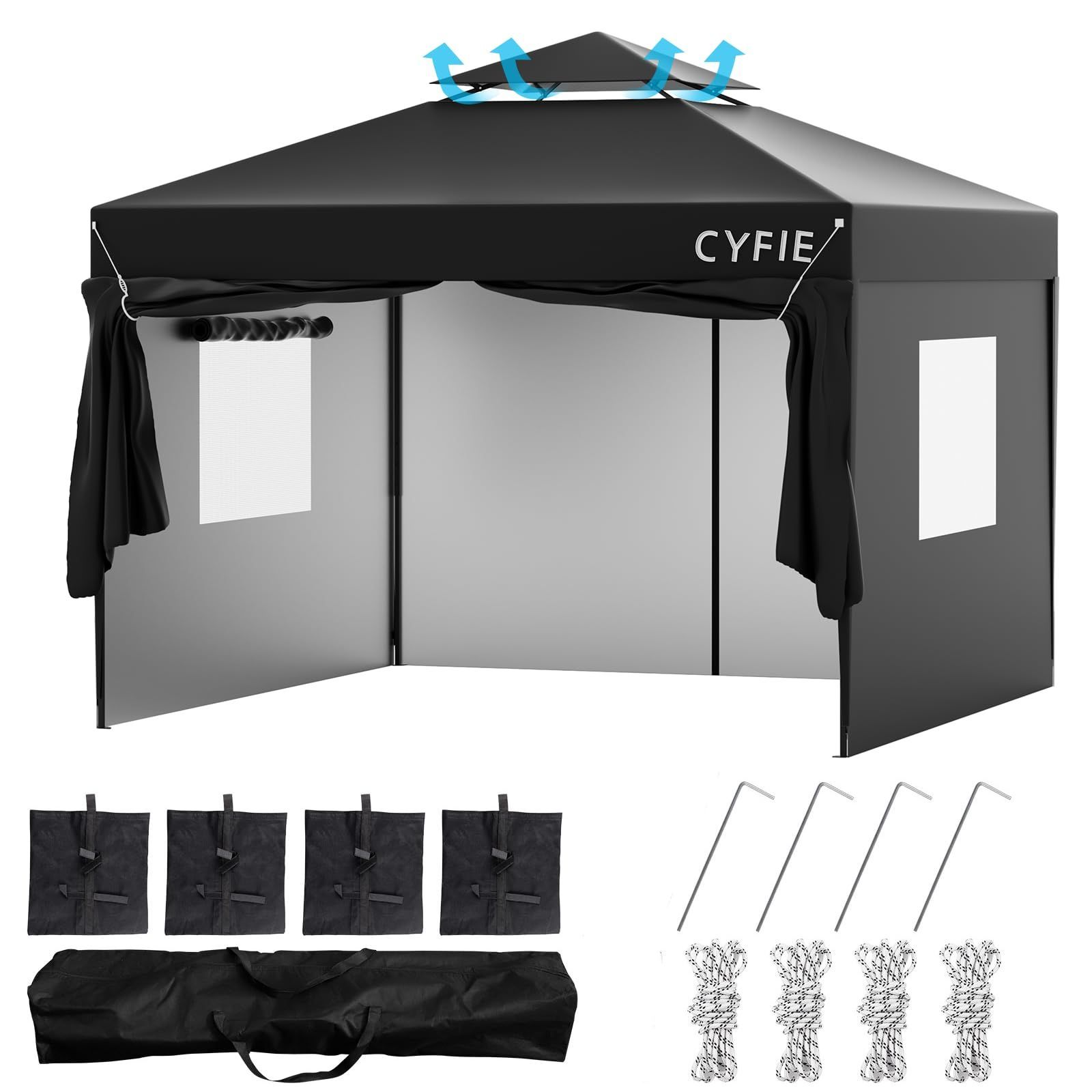 タープテント 3m×3m 高さ3段階調節 CYFIE サイドシート4枚付属 uvカットワンタッチタープテント サンシェード 高耐水加工 日よけ 組立簡単 持ち運び便利 キャンプ|ピクニック|運動会|アウトドア|集会用 収納ケース付き