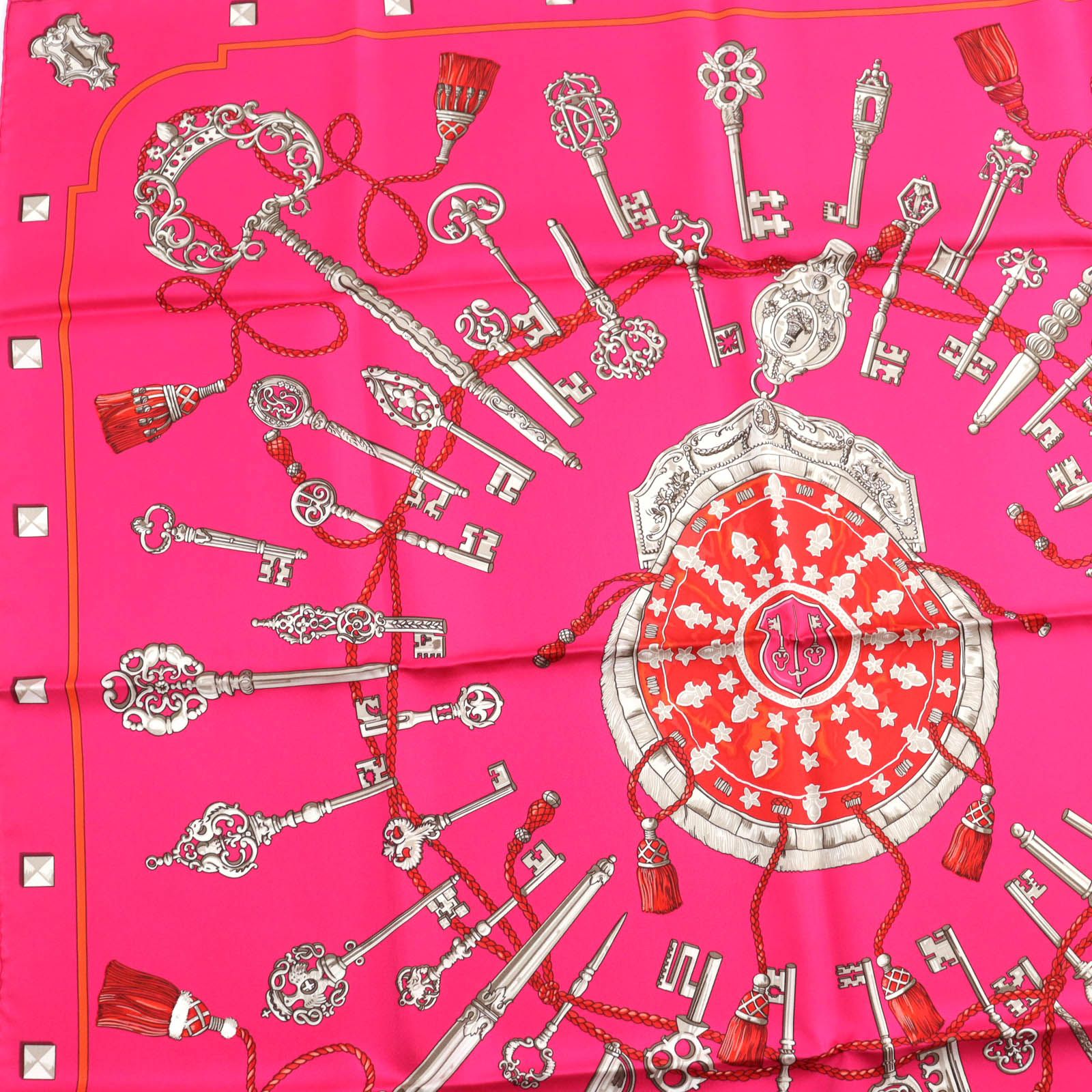 未使用品☆HERMES エルメス カレ90 LES CLES 鍵 シルク100％ ROSE 