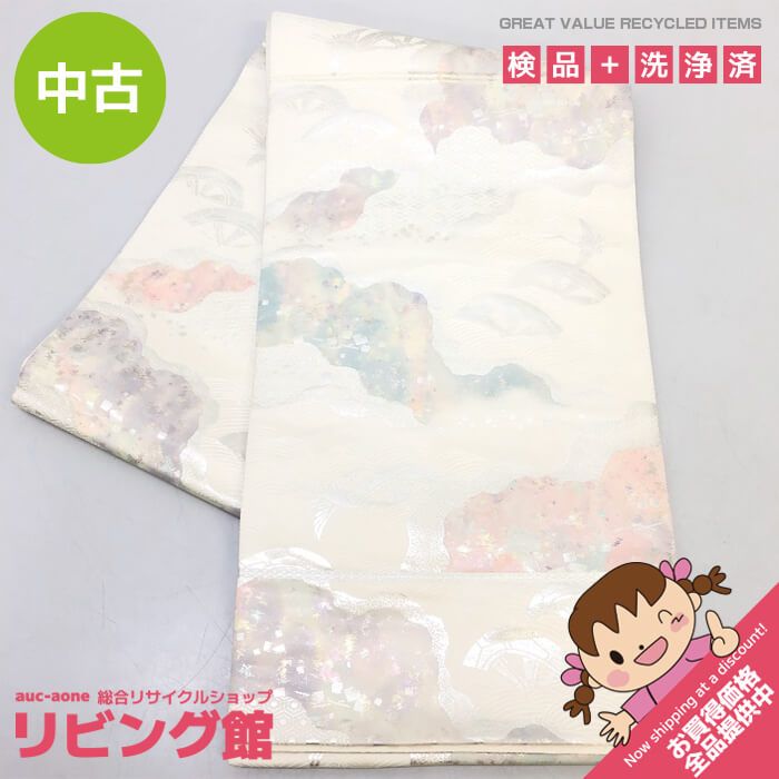 ss6097 【中古】 袋帯 六通柄 ホワイト系 淡色 ピンク 水色 薄紫  