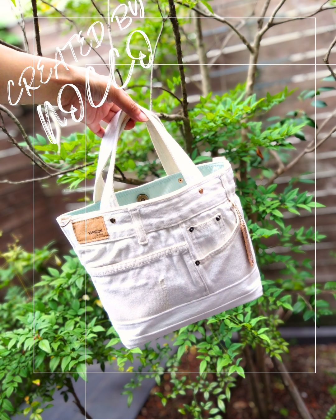 №769【whiteDENIM✖️ミントグリーン✨️ToteBAG⚮̈♥ 】白デニム