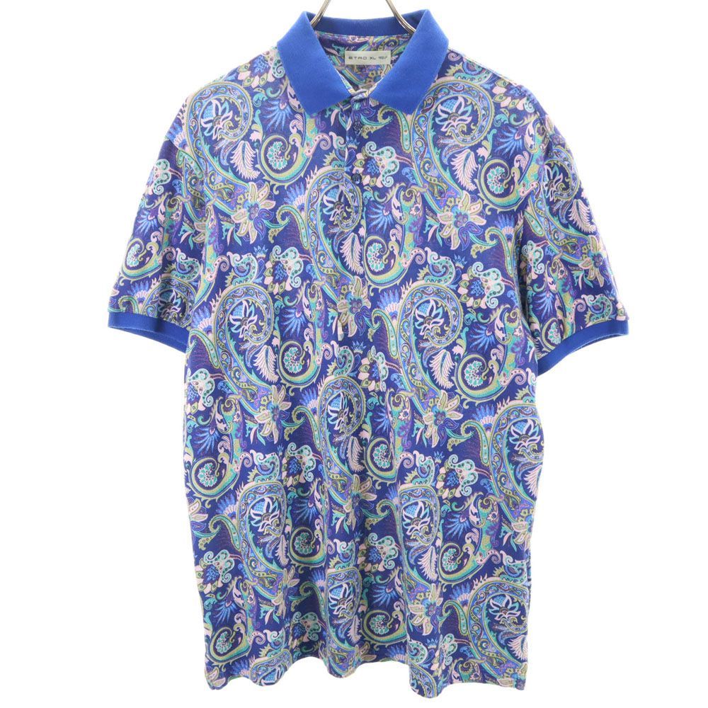 エトロ 総柄 半袖 ポロシャツ XL ブルー系 ETRO 鹿の子 メンズ 古着 【240414】