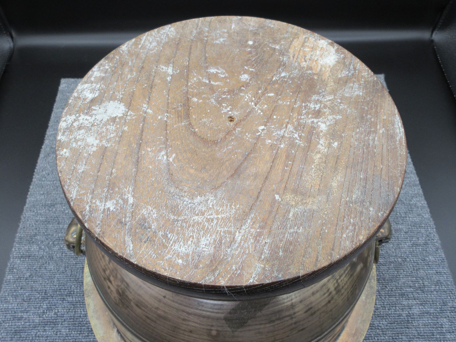 ☆銅製 手あぶり火鉢 長火鉢 火鉢 双耳 木製台付 アンティーク品