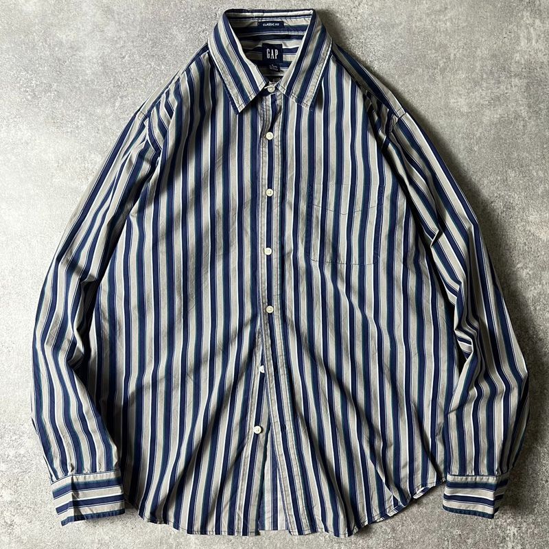 00s OLD GAP ストライプシャツ 長袖シャツ ポプリン生地 00s OLD GAP シアサッカー バンドカラー ストライプ シャツ 長袖