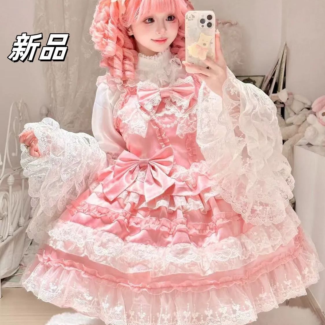 恋曲ロリータ花嫁JSK 豪華レース＆フリル装飾 甘ロリのピンクドリーム プリンセス感溢れるウェディングスタイルワンピース