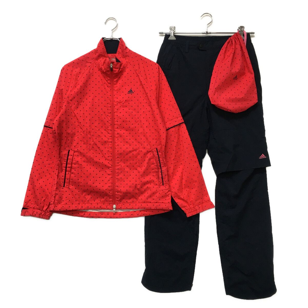レディース アディダスゴルフ adidas GOLF レインウエア L 赤×紺 レッド×ネイビー 2WAY 上下 収納袋付き