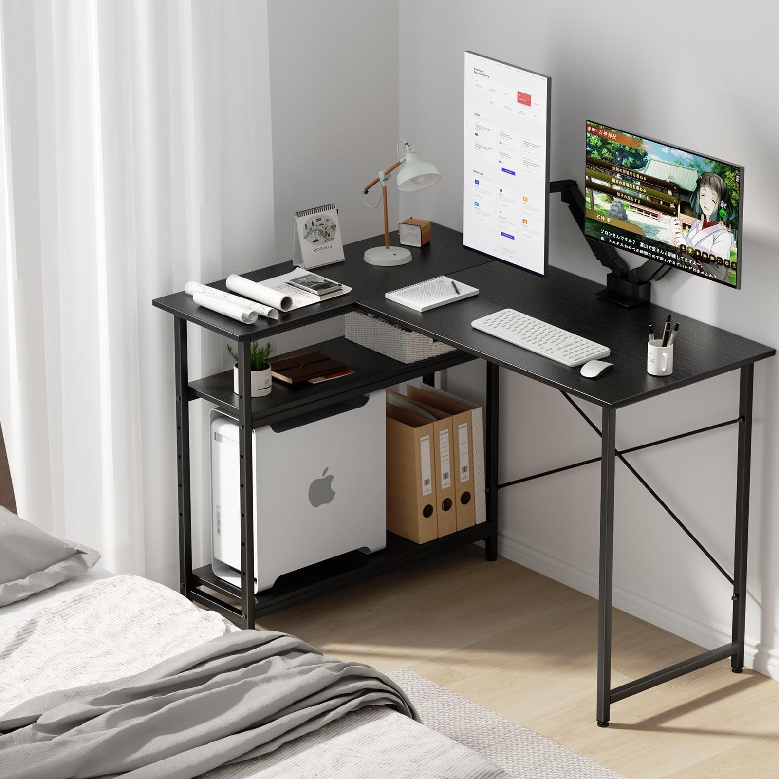 数量 pcデスク l字デスク パソコンデスク 幅110cm 机 pcデスク 左右両替対応 コーナーデスク 棚板高さ5段可動 ワークデスク 省スペース 書斎 ゲーミング オフィスデスク シンプル L字型 作業机 勉強机 リモートワーク 棚付デスク ブラッ