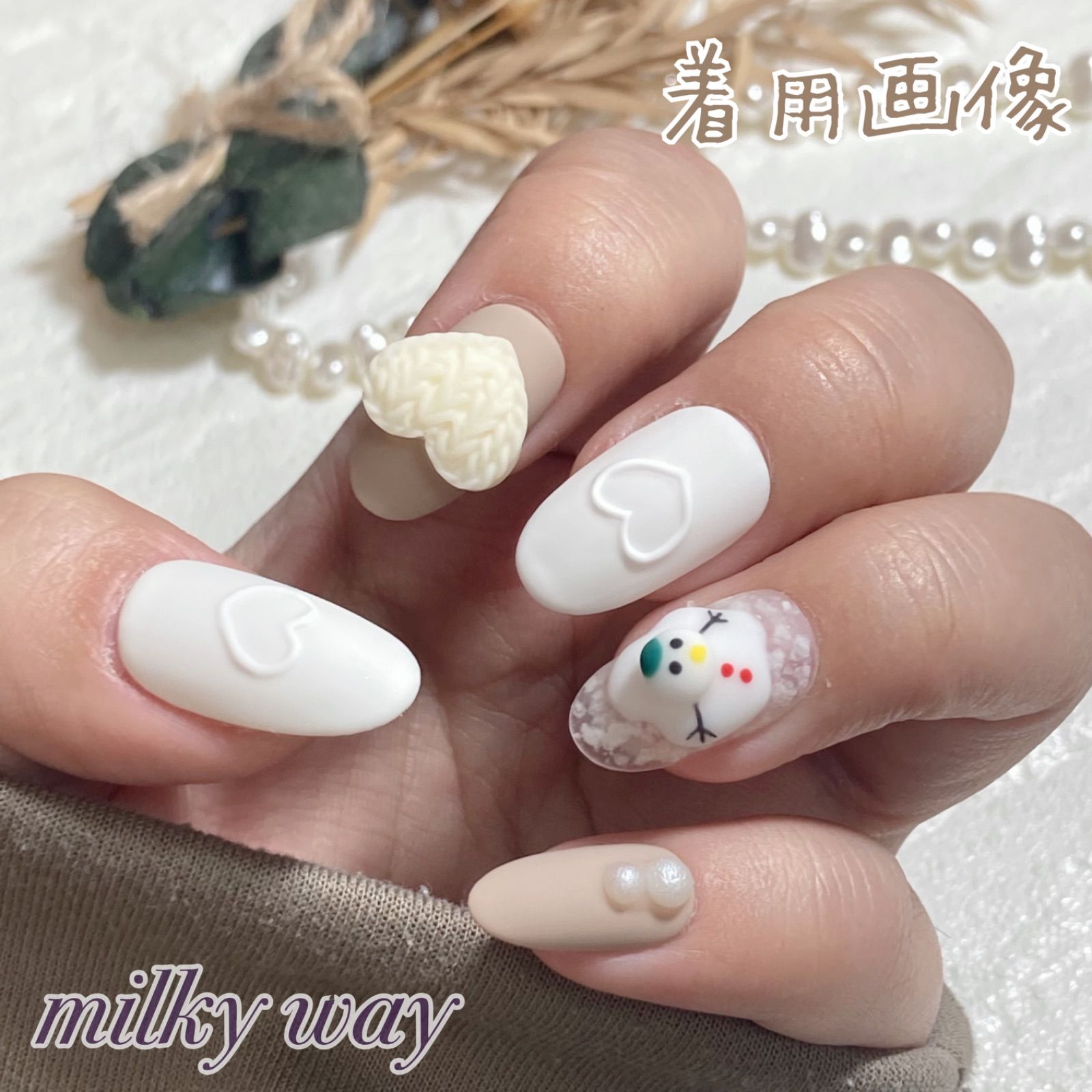 No.147 雪だるまネイル ❁︎ 冬ネイル ❁︎ ハートニット - メルカリ
