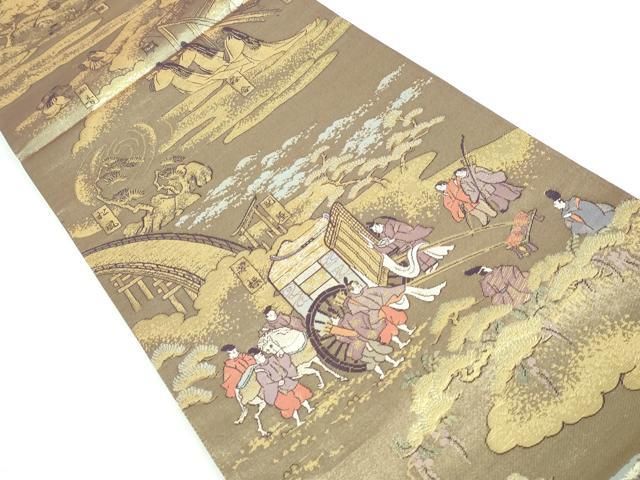 平和屋着物◎全通柄袋帯 人物風景文 金糸 正絹 逸品 DAAT2426qa