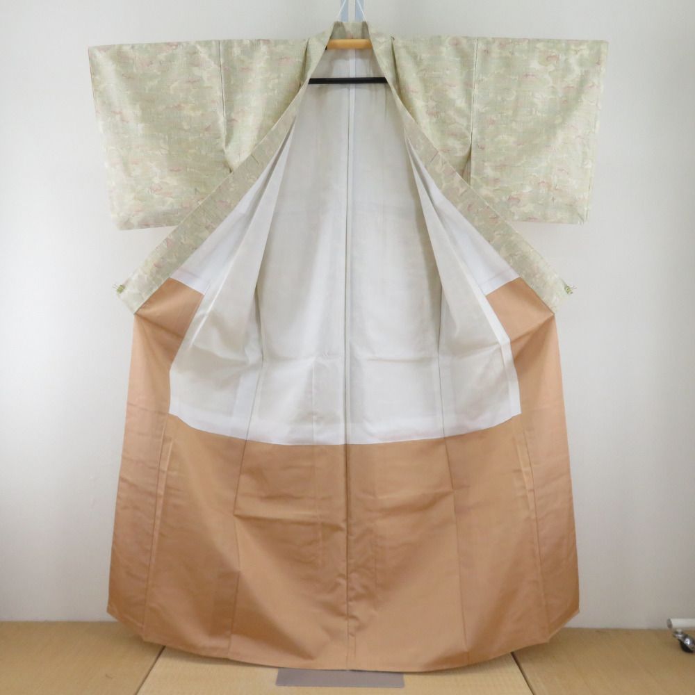 紬 着物 雲取り模様 黄色ｘ緑色ｘ赤色 袷 バチ衿 絹 仕立て上がり着物 身丈159cm 【キモノオフ野々市若松店】 紬 着物 雲取り模様 黄色x緑色x赤色 袷 バチ衿 絹 仕立て上がり着物